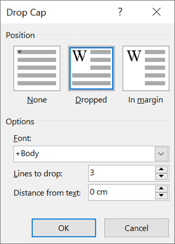 Drop cap customization window in Microsoft Word