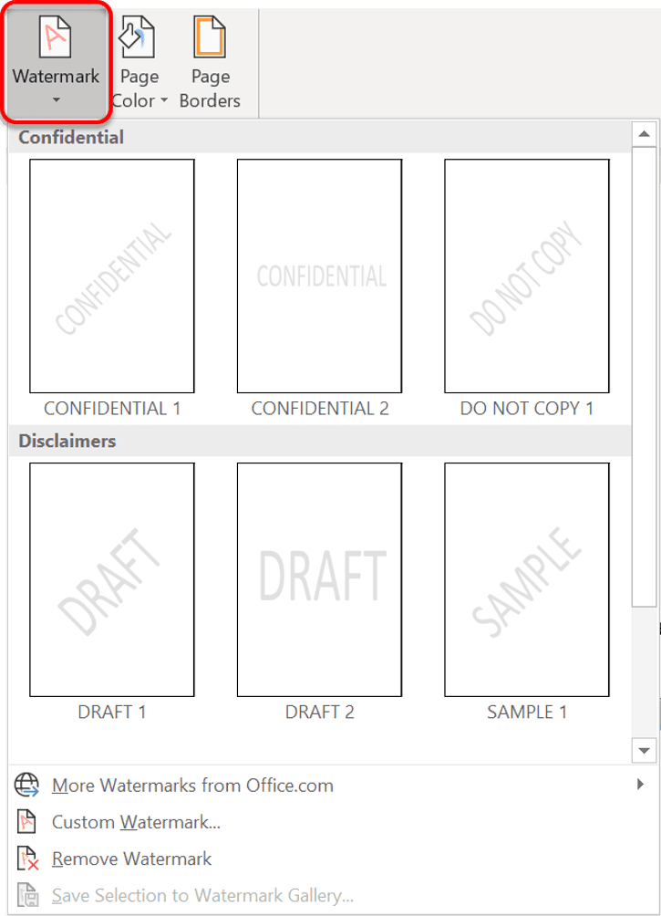 Watermark gallery in Microsoft Word showing built-in template options Microsoft Word watermark gallery displaying pre-designed templates in Design tab