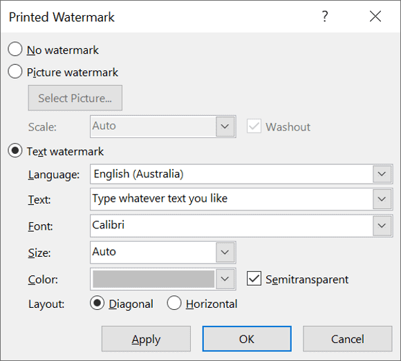 Printed Watermark settings for creating custom text watermarks in Word Custom text watermark dialog box with font and formatting controls