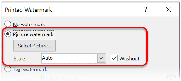 Picture watermark configuration for adding custom images in Microsoft Word Picture watermark options showing scale and washout settings